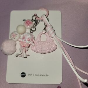 Charming Skull Panda Themed Pink Bag Charm or Keychain with Charms